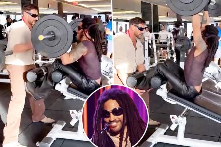 Lenny Kravitz stays true to his brand while lifting weights in leather pants and sheer tank top