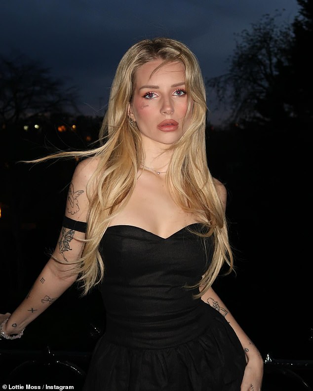 Lottie Moss flaunts her tattoos in a stylish black dress before heading out for a night at Chiltern Firehouse
