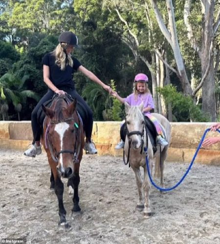 Australian supermodel Jennifer Hawkins introduces her four-year-old daughter Frankie to horse riding for the first time