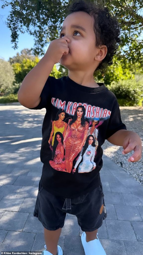 Khloe Kardashian’s toddler Tatum wears a Kim Kardashian shirt featuring her iconic looks