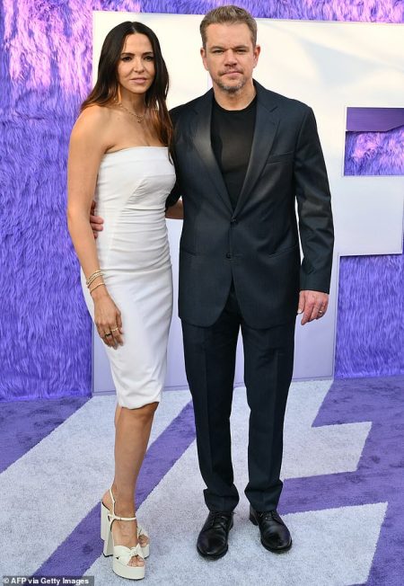 Matt Damon and his wife, Luciana Barroso, showcase a stylish black and white ensemble at IF premiere in New York City