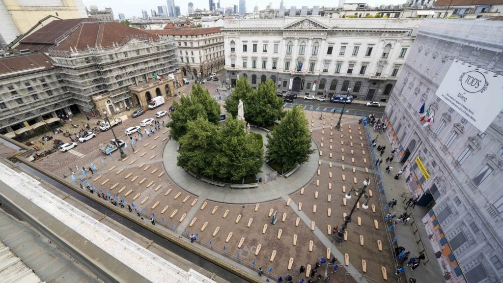 Coffins placed in Milan square to protest workplace safety in Italy