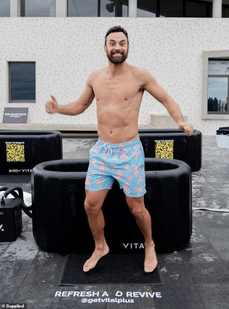 MAFS’ Cameron Merchant flaunts his fit body during shirtless ice bath on Daffodil Day, proving dad bod is not in his vocabulary amid wife Jules Robinson’s second childbirth.