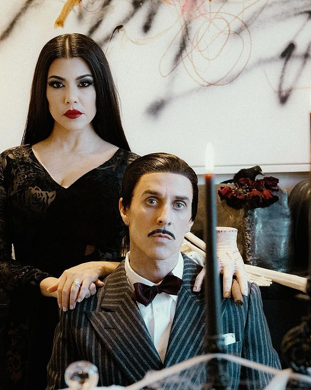 Kourtney Kardashian and Travis Barker channel Morticia and Gomez Addams in their latest Halloween-themed social media posts