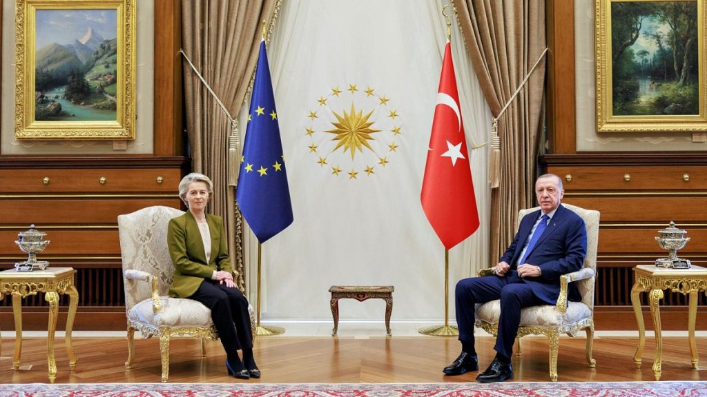 rewrite this title Erdoğan seizes meeting with von der Leyen to demand EU-Turkey upgrade