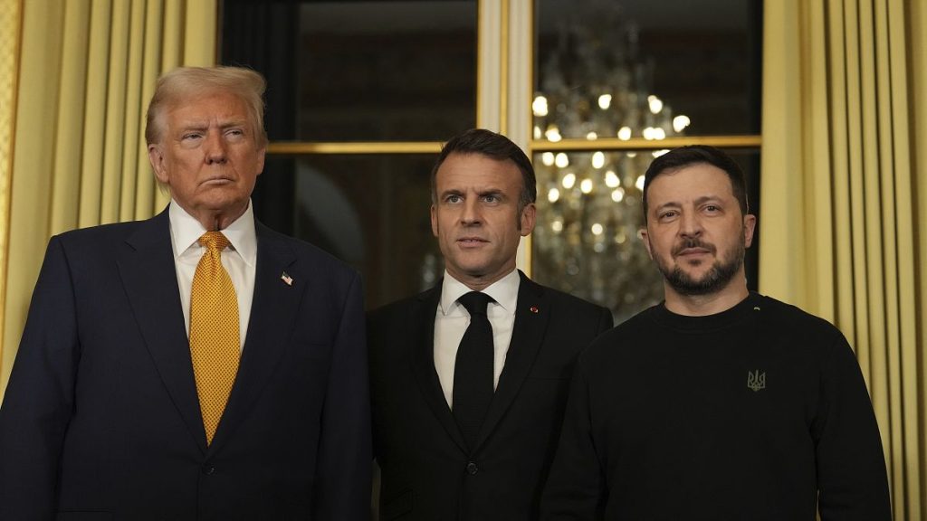 rewrite this title Macron, Zelenskyy and Trump hold meeting ahead of Notre Dame reopening