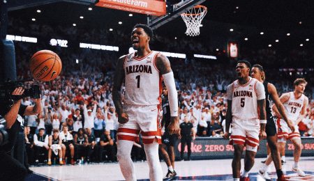 rewrite this title Caleb Love hits half-court heave to force OT, Arizona upsets No. 3 Iowa State 86-75