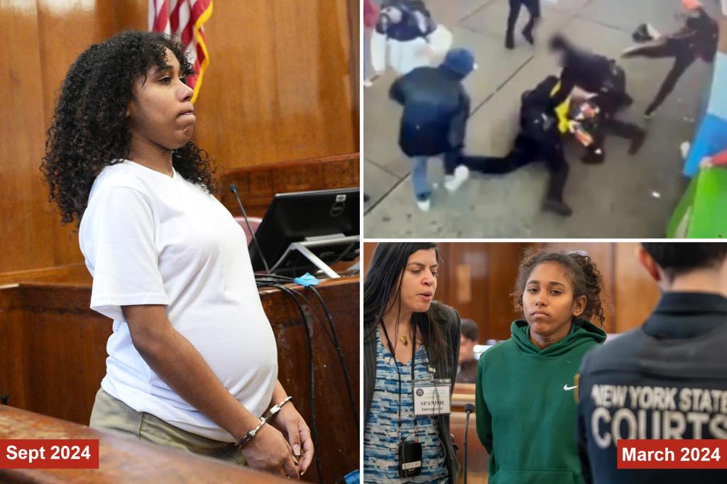 rewrite this title Venezuelan migrant who pleaded guilty to kicking cop in Times Square melee mysteriously skips sentencing — after judge let her out to ‘bond with her baby’