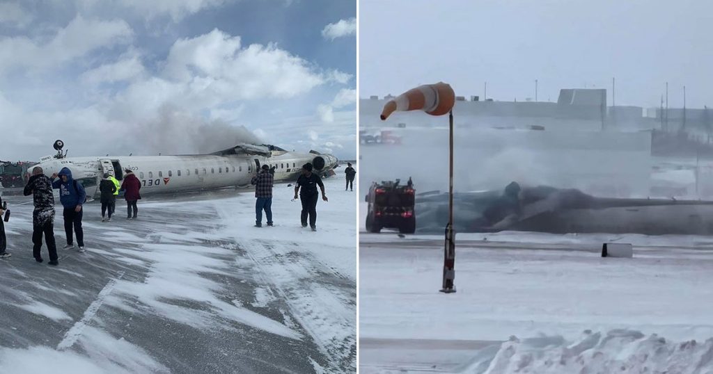rewrite this title Delta Air Lines plane crash: Jet flips upside down while landing at Toronto Pearson airport