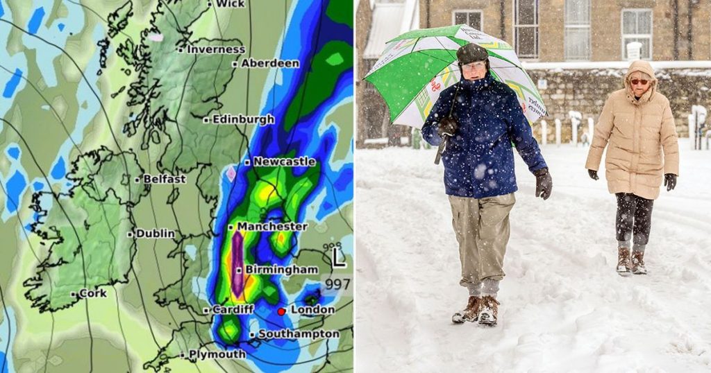 rewrite this title UK weather maps show date snow and heavy rain will hit Brits – one region spared