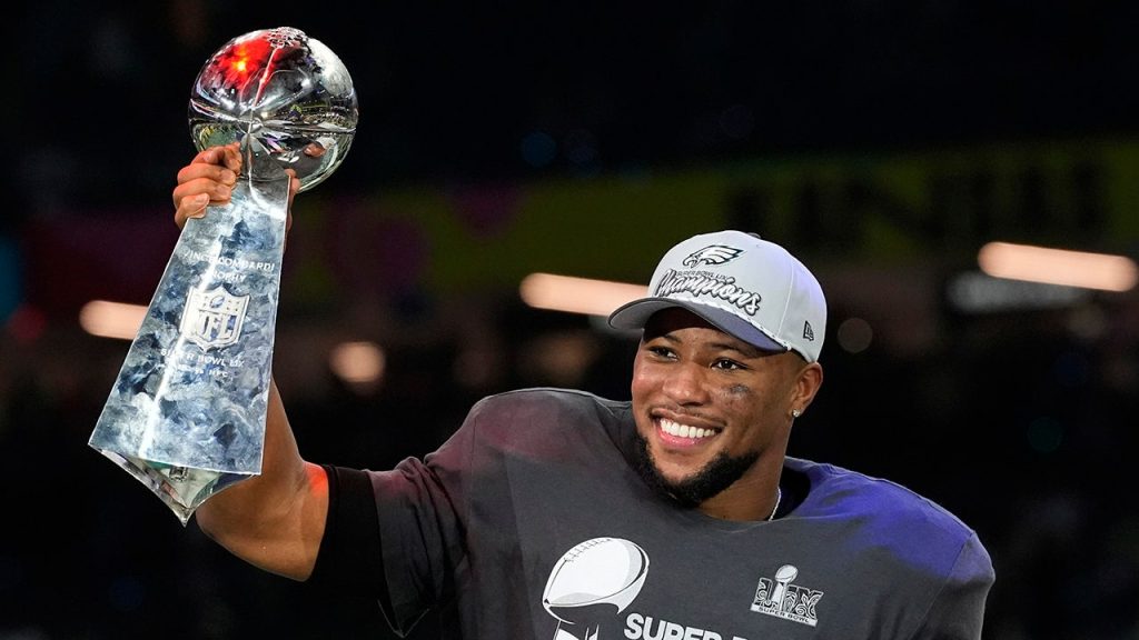 rewrite this title Saquon Barkley exudes confidence in fiery pre-Super Bowl speech: 'They can't f— with us'