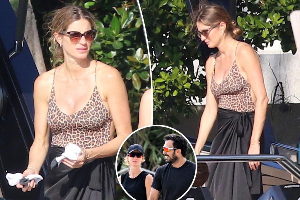 rewrite this title
Swimsuit-clad Gisele Bündchen spotted for first time since welcoming baby with boyfriend Joaquim Valente