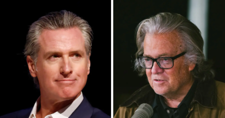 rewrite this title Gavin Newsom’s Podcast Hosts Steve Bannon, Covering Musk, Trump and Taxes
