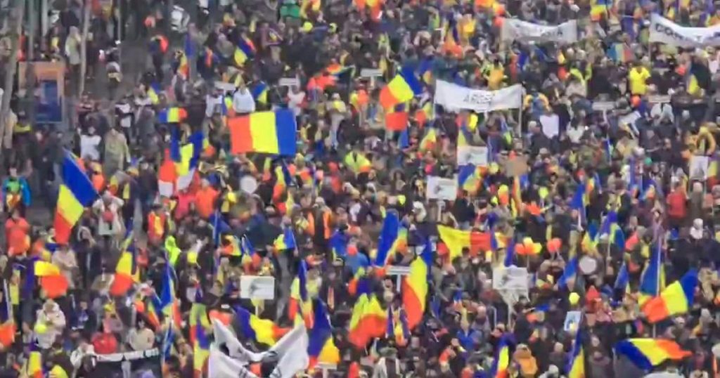 rewrite this title in english Romania, migliaia di manifestanti in strada protestano contro il governo e l’arresto di Georgescu
