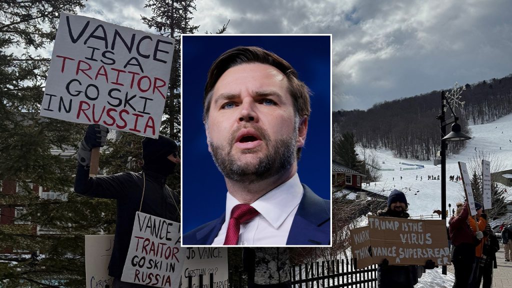 rewrite this title JD Vance's visit to Vermont ski resort interrupted by pro-Ukraine demonstrators after Zelenskyy exchange