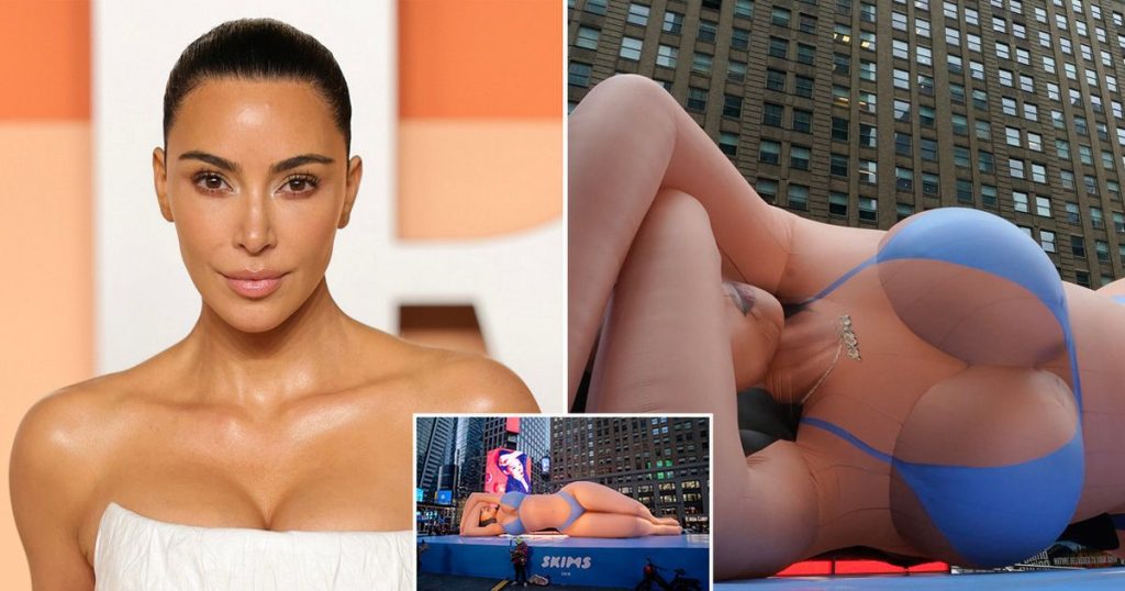 rewrite this title Kim Kardashian sparks outrage as huge float of the star in a bikini pops up in New York