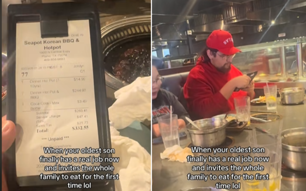 rewrite this title Son Gets Job Then Takes Family for Meal—His Reaction to Bill Is ‘Priceless’