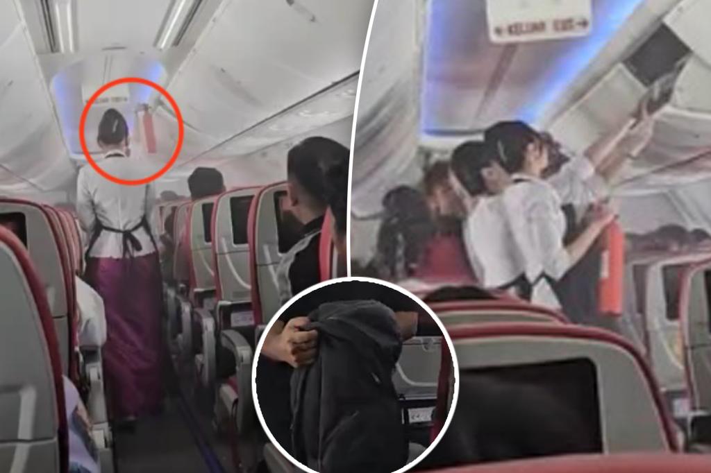 rewrite this title Plane passengers panic as smoke from burning power bank fills cabin mid-flight