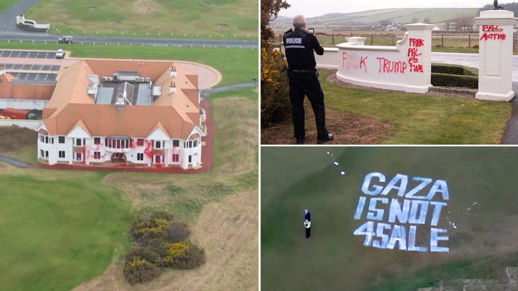 rewrite this title Trump's Scottish golf resort vandalized by pro-Palestine group over Gaza stance